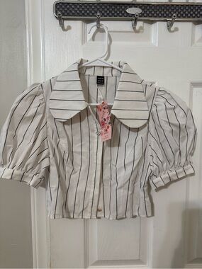 SHEIN Cream Blouse with Black Vertical Stripes and Puff Sleeves